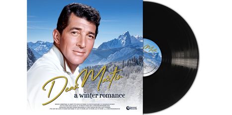 "Dean Martin: a winter romance" in eleganter Schrift, winterliche Berglandschaft, ein Mann in Nahaufnahme, schwarze Vinyl-Schallplatte.