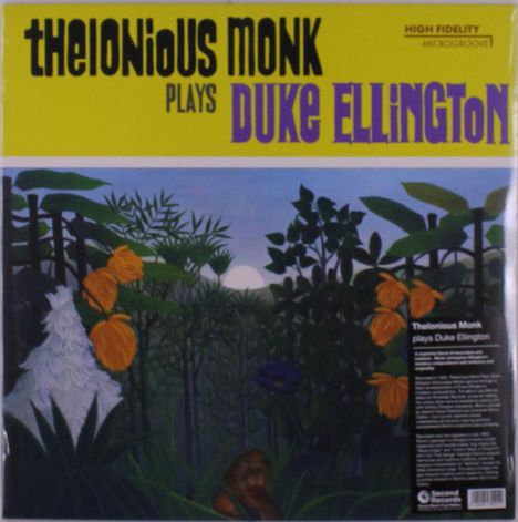 "Thelonious Monk Plays Duke Ellington" in markanten Buchstaben. Illustration von üppigen Pflanzen mit einem Löwen im Vordergrund.