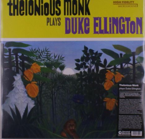 "Thelonious Monk plays Duke Ellington" in gelb und lila. Dschungel-Szene mit Pflanzen und einem Affen im Vordergrund.