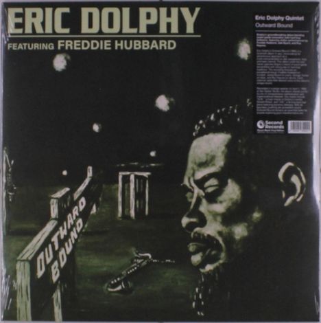 "Eric Dolphy", "Featuring Freddie Hubbard", Illustration mit Saxophon und strukturiertem Gesicht im Vordergrund.