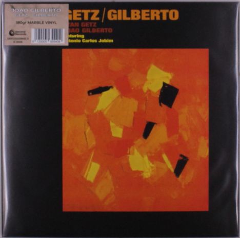 GETZ / GILBERTO, featuring Antonio Carlos Jobim. Abstrakte Illustration in Orange- und Gelbtönen mit schwarzen Akzenten.