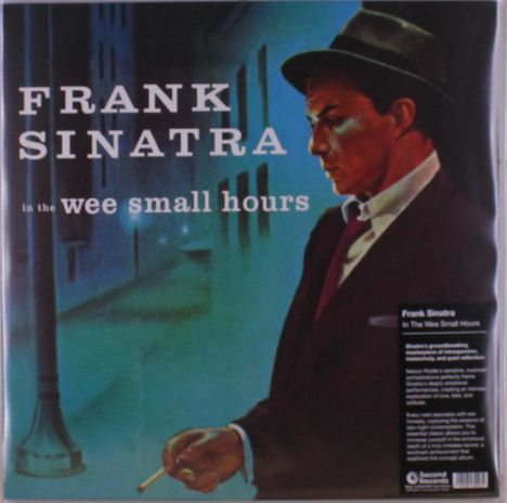 „Frank Sinatra in the wee small hours“. Illustration eines Mannes in Anzug und Hut, hält Zigarette, dunkelblaue Umgebung.