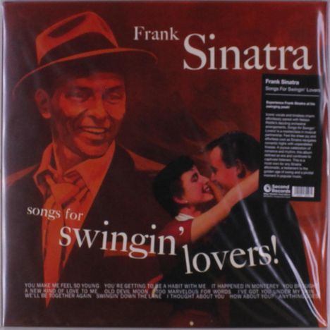 Text: "Frank Sinatra, songs for swingin' lovers!" Ein lächelnder Mann mit Hut und ein tanzendes Paar, romantische Szene.