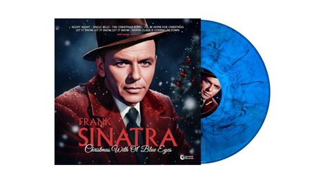 "FRANK SINATRA Christmas With Ol' Blue Eyes" steht auf einem Weihnachtsalbumcover mit einem Porträt in einem roten Mantel.