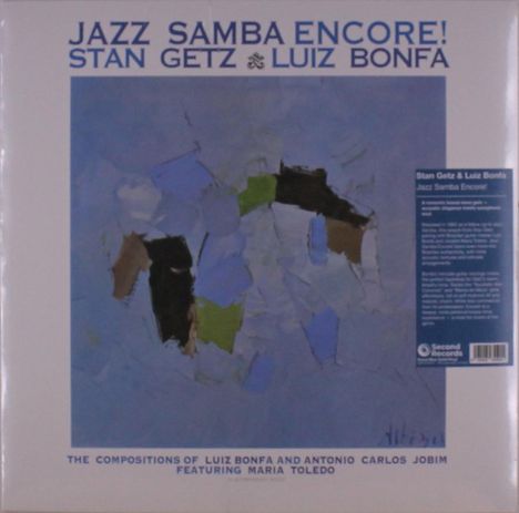 "JAZZ SAMBA ENCORE! STAN GETZ & LUIZ BONFÁ. Abstraktes Gemälde mit blauen, grünen und schwarzen Formen auf hellem Grund."