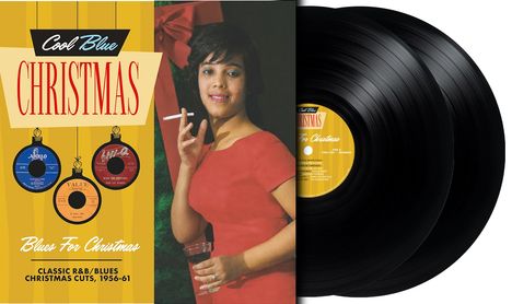 "Cool Blue Christmas. Blues For Christmas. Classic R&B/Blues Christmas Cuts, 1956-61." Frau raucht, hält Weinglas.
