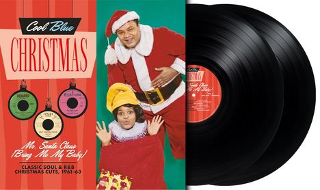„Cool Blue Christmas“, „Mr. Santa Claus (Bring Me My Baby)“, Vinyl-Schallplatten, ein Weihnachtsmann und ein Mädchen.