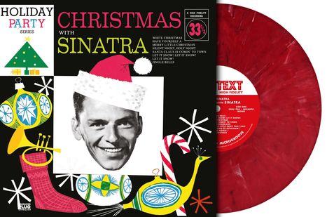 "Christmas with Sinatra" Albumcover, zeigt Frank Sinatras Gesicht mit Weihnachtsmütze, festliche Illustrationen und Schallplatte.