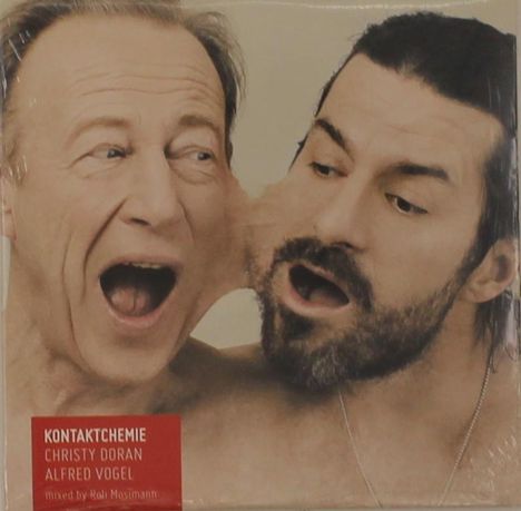 Text: "KONTAKTCHEMIE CHRISTY DORAN ALFRED VOGEL mixed by Roli Mosimann". Zwei Männer, einer schreit in das Ohr des anderen.