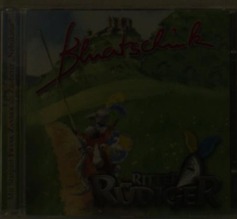 „Blatschik“ und „Ritter Rüdiger“. Illustration: Ritter auf Wiese mit Burg im Hintergrund.