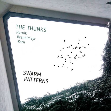 "The Thunks, Harnik, Brandlmayr, Kern, Swarm Patterns." Vögel fliegen im Fensterrahmen, umgeben von Pflanzen und Schnee.
