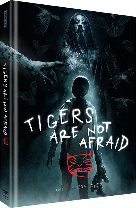 „Tigers Are Not Afraid“ in weißer Schrift. Illustration: Kind vor gespenstischer Figur, umgeben von Vögeln.