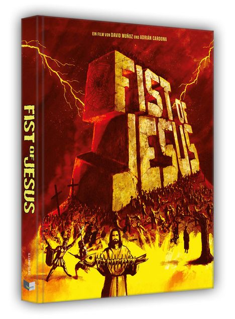 "Fist of Jesus" ist in großen Buchstaben auf einem roten Hintergrund mit Blitzen. Jesus trägt Fische, umringt von Menschen.