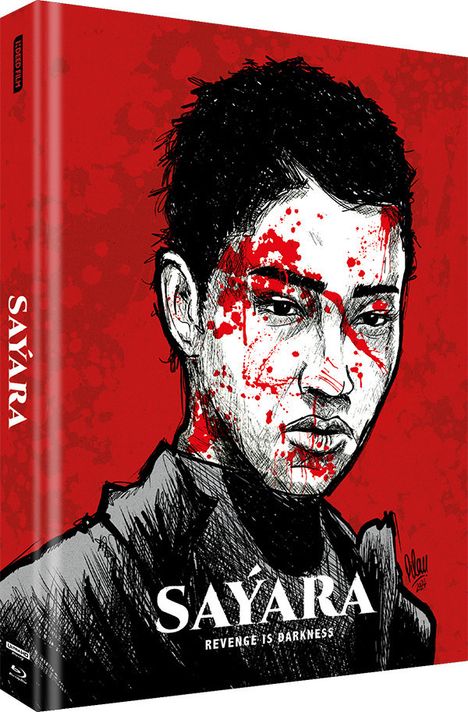 Text: „SAYARA“ und „REVENGE IS DARKNESS“. Illustration eines ernst blickenden Gesichts mit blutähnlichen Spritzern auf Rot.