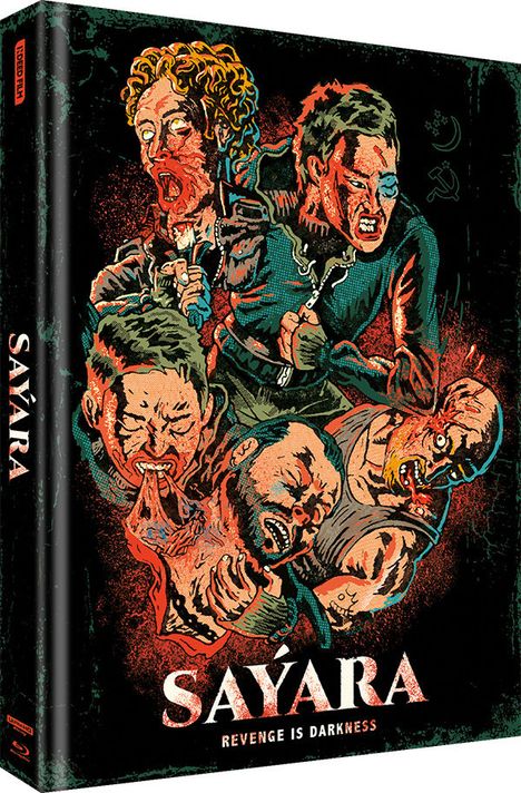 Text: SAYARA, Revenge is Darkness. Zeichnung von kämpfenden Menschen mit ausdrucksstarken Gesichtern und kräftigen Farben.