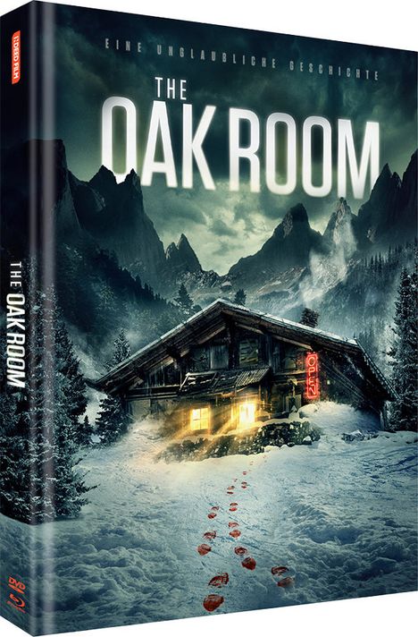 Text: "EINE UNGLAUBLICHE GESCHICHTE", "THE OAK ROOM", "OPEN". Eine Hütte in verschneiter Berglandschaft mit Fußspuren im Schnee.