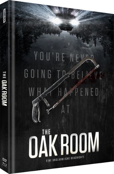 Texte: "YOU'RE NEVER GOING TO BELIEVE WHAT HAPPENED AT THE OAK ROOM. EINE UNGLAUBLICHE GESCHICHTE." 
Bild: Ein Sägeblatt, düstere Straße, Auto.