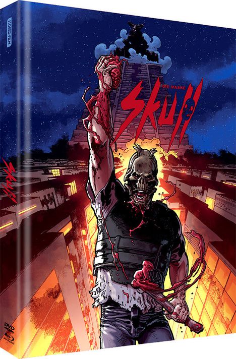 Text: "Die Maske Skull". Eine Illustration zeigt eine Figur mit einer Totenkopfmaske, die einen blutigen Arm hochhält.
