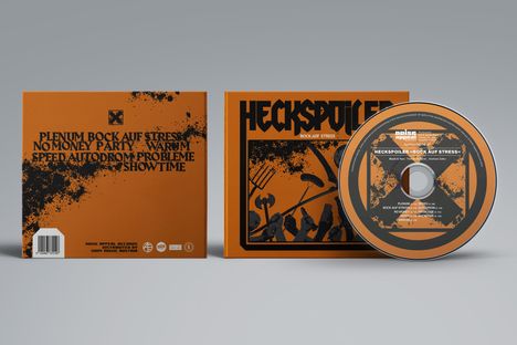 CD-Cover mit Titeln wie "BOCK AUF STRESS", "WARUM", und "SHOWTIME", orange-schwarze Farbgebung mit stilisiertem Muster.