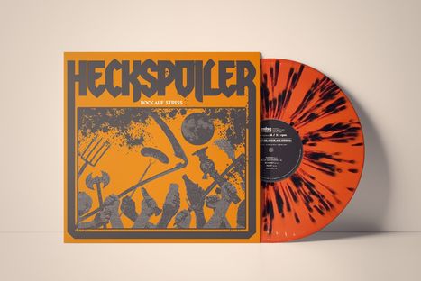 HECKSPÜLER, BOCK AUF STRESS; orangene Schallplatte mit schwarzen Sprenkeln, Cover mit grauen Silhouetten von Menschen.
