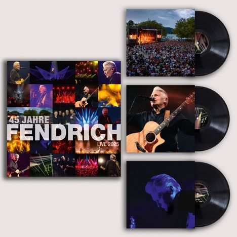 "45 Jahre Fendrich Live 2025" zeigt Konzertfotos und Schallplatten mit Bühnenbildern und Gitarrenspieler.