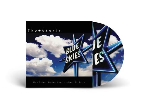 Text: The Ataris, BLUE SKIES. Alles vor einem Himmel mit weißen Wolken und einem blauen Stern-Logo.