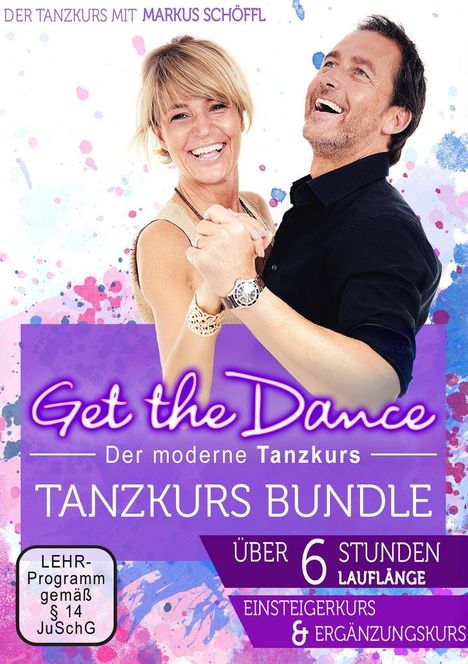 „Get the Dance“, moderner Tanzkurs. Tanzkurs Bundle, über 6 Stunden. Lächelndes Tanzpaar, bunte Farbkleckse im Hintergrund.