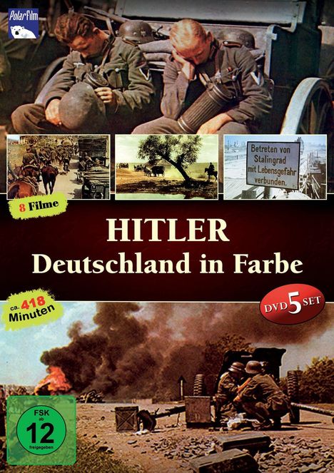 "Hitler Deutschland in Farbe," 8 Filme, ca. 418 Minuten, DVD 5 Set. Fotos von Soldaten und Kriegszenen. FSK 12 freigegeben.
