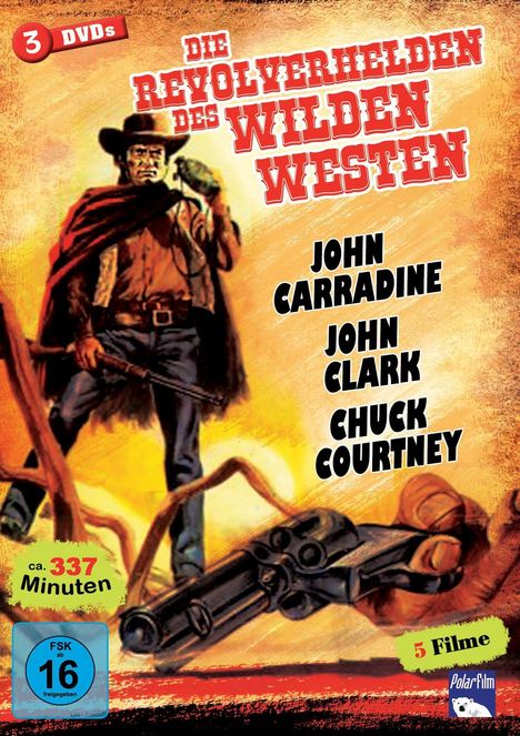 "Die Revolverhelden des Wilden Westens" steht groß geschrieben. Western-Motiv: Ein Cowboy zieht seinen Revolver.