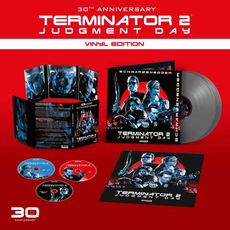 Terminator 2 (Limited 30th Anniversary Edition) (Grey Vinyl) (Ultra HD Blu-ray &amp; 3D &amp; 2D Blu-ray im Digipack), 1 Ultra HD Blu-ray, 2 Blu-ray Discs und 2 LPs