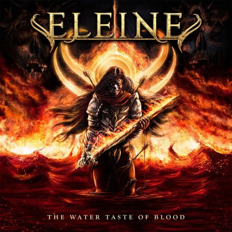 Text: "ELEINE" oben, "THE WATER TASTE OF BLOOD" unten. Eine Figur mit brennendem Schwert steht in flammendem Wasser.