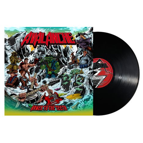 "Avalanche" und "Armed To The Teeth" in kräftigen Buchstaben. Illustration mit Figuren, Gitarren, Bergen und eisiger Landschaft.