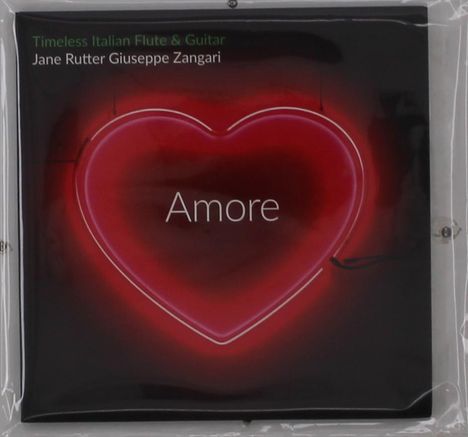 "Timeless Italian Flute & Guitar" und "Amore", rotes Herz und schwarze Umgebung, Album-Cover.