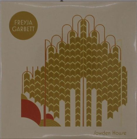 FREYJA GARBETT, Sowden House. Illustration mit goldenen, geometrischen Formen und roten Halbkreisen.