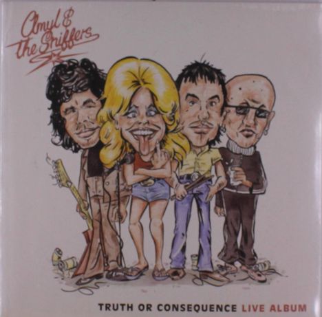 Oben: "Amyl & the Sniffers", unten: "Truth or Consequence Live Album". Karikatur von vier Personen in einer Band.