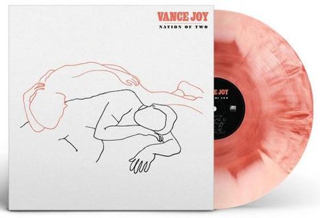 Oben steht "Vance Joy - Nation of Two". Eine einfache Linie zeigt zwei liegende Figuren auf einem Schallplatten-Cover.