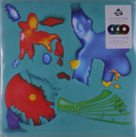 LTD EDITION, 3-Colour Pressing, abstrakte Formen in Blau, Rot, Gelb und Grün auf türkisfarbenem Hintergrund.