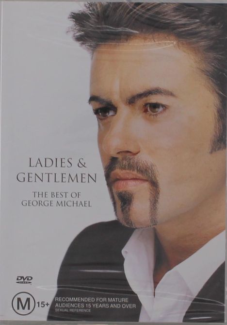 "LADIES & GENTLEMEN: THE BEST OF GEORGE MICHAEL" steht neben einem Mann mit Bart im Anzug. M15+ Altersempfehlung.