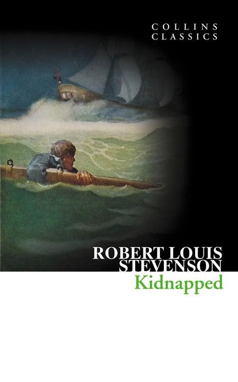 Texte: "Collins Classics", "Robert Louis Stevenson", "Kidnapped". Illustration: Mann im Meer, Segelschiff im Hintergrund.