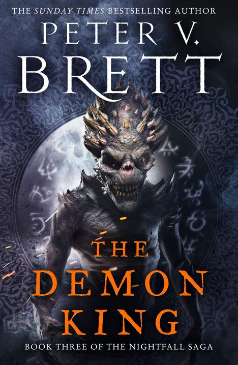 „THE DEMON KING“ und „BOOK THREE OF THE NIGHTFALL SAGA“. Ein dämonenartiges Wesen mit Hörnern.