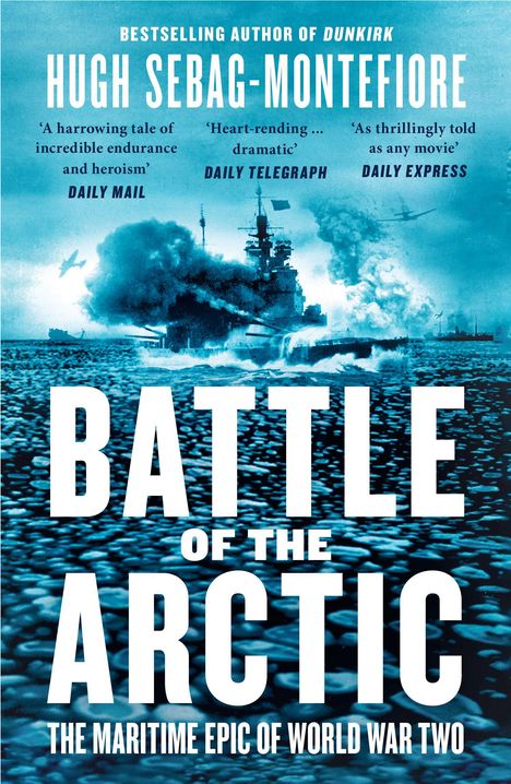 „BATTLE OF THE ARCTIC“ und „THE MARITIME EPIC OF WORLD WAR TWO“. Schiff im Ozean mit Explosionen im Hintergrund.