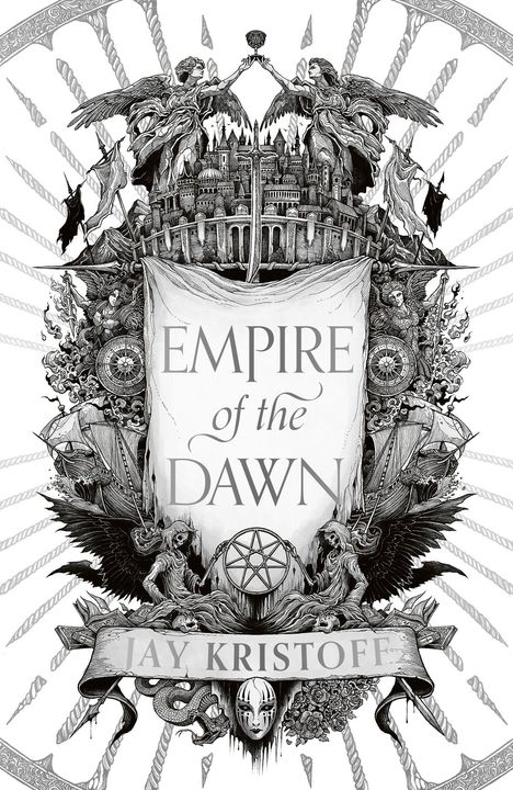 "Empire of the Dawn" und "Jay Kristoff" auf einem kunstvollen Wappen mit Engeln, Burgen und mythologischen Motiven.