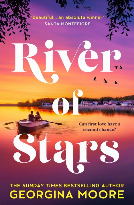 "River of Stars", Zitat: "Can first love have a second chance?". Boot auf See bei Sonnenuntergang, rosa und lila Himmel.