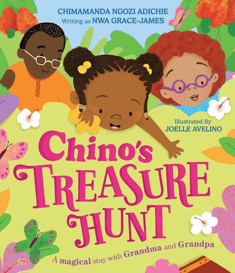 Buchtitel: "Chino's Treasure Hunt". Illustration: Kind mit zwei Erwachsenen, umgeben von bunten Blüten und Schmetterlingen.