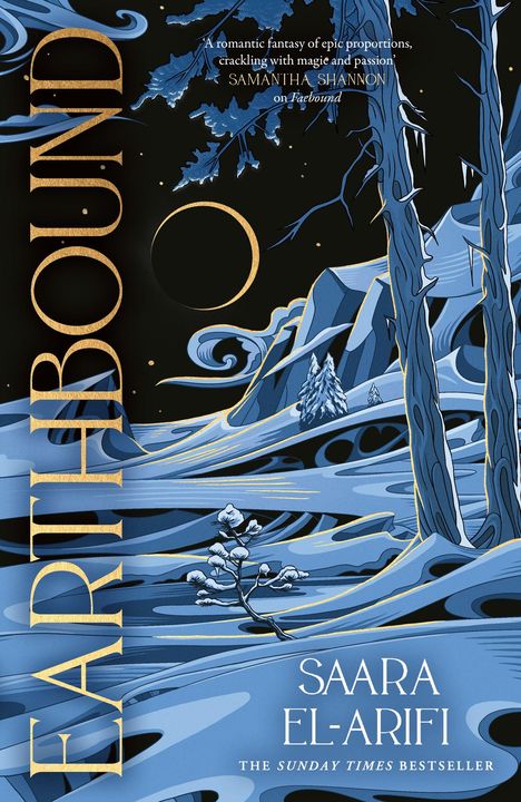 „Earthbound. Saara El-Arifi. The Sunday Times Bestseller.“ Illustration: Winterlandschaft, Bäume, Mond, blauer Himmel.