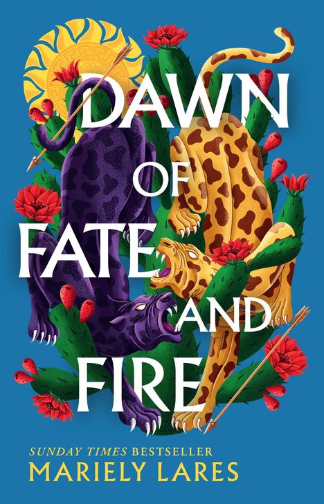„Dawn of Fate and Fire“ von Mariely Lares. Illustration mit zwei kämpfenden Raubkatzen, blühenden Kakteen und Sonne.