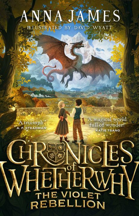 "CHRONICLES OF WHETERWHY: THE VIOLET REBELLION" von Anna James. Zwei Kinder beobachten einen fliegenden Drachen.