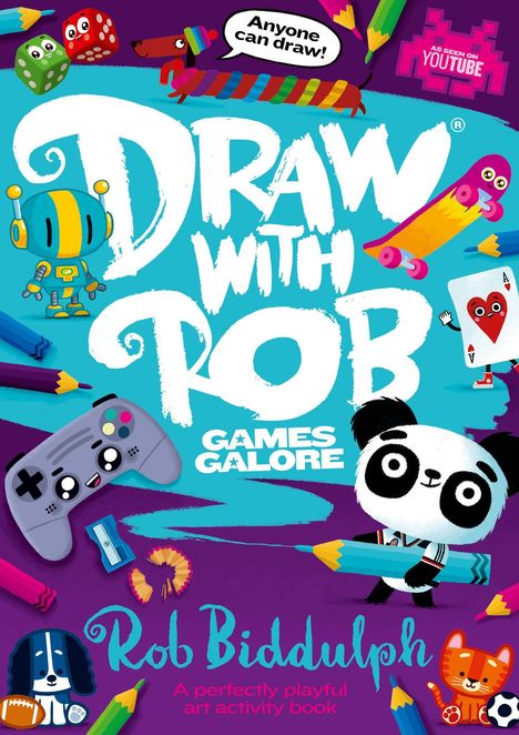 "Draw with Rob" in großen Buchstaben, umgeben von bunten Figuren und Bleistiften; fröhliches, spielerisches Design.