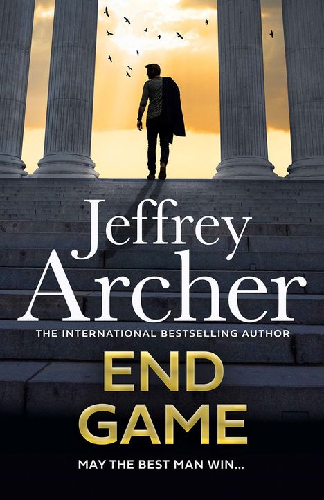 Text: "Jeffrey Archer, END GAME, May the best man win..."  
Eine Person steht vor Säulen im Sonnenuntergang.