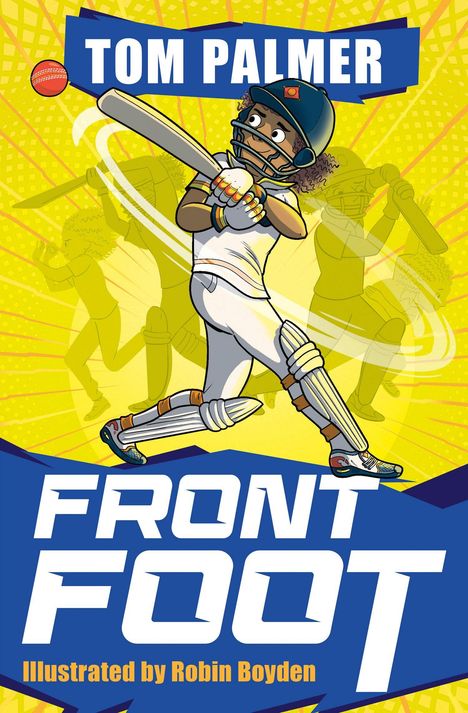 „TOM PALMER; FRONT FOOT; Illustrated by Robin Boyden.“ Eine Illustration eines Cricketspielers beim Schlag.